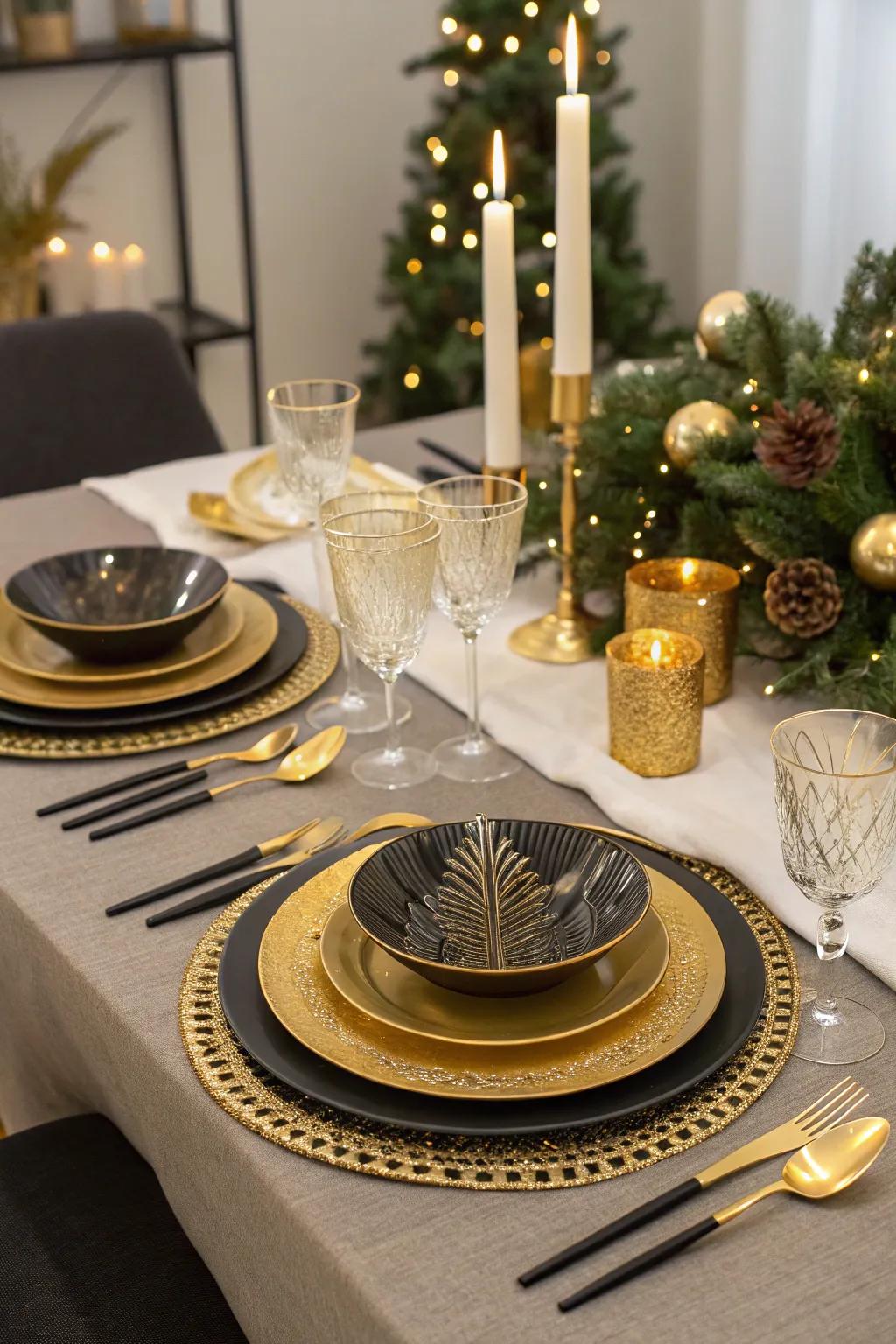 Celebratory table arrangements in gilded and sable shades fashion an exquisite dining venture.