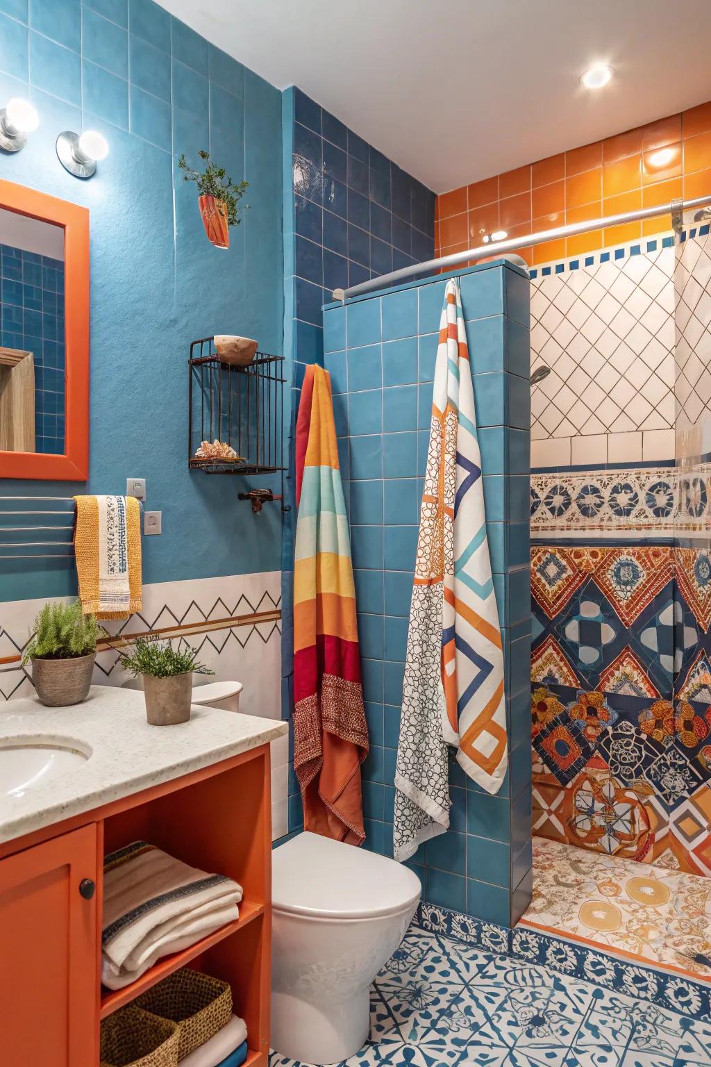 A bathroom brimming with bold colors, designed to create a vibrant appearance.