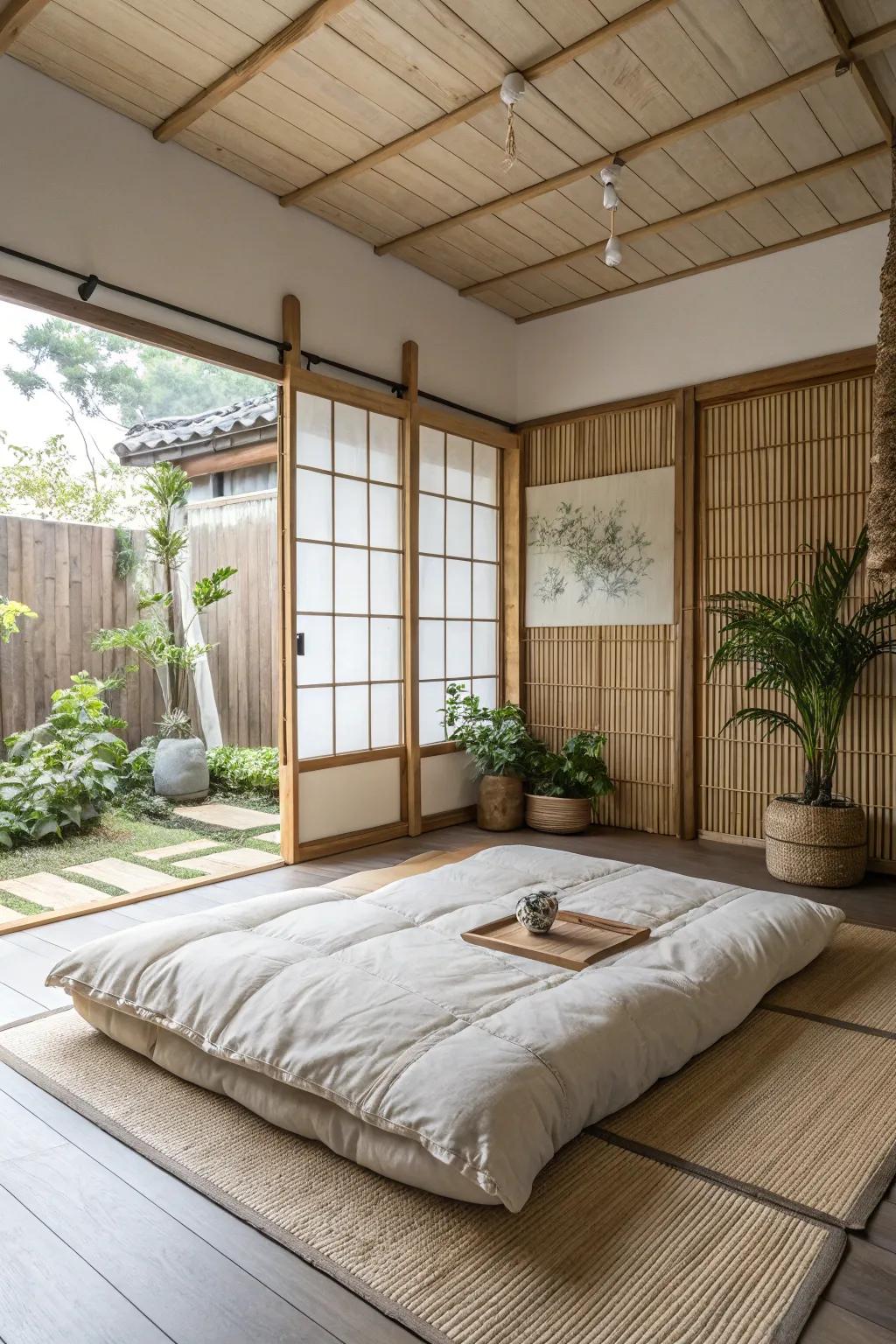 A Zen-inspired bedroom promotes peace and tranquility.