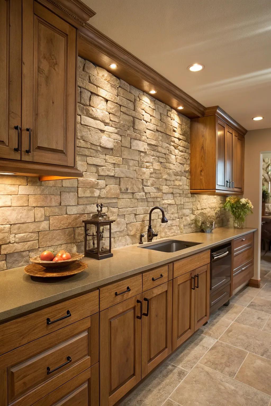 Quarried finish backsplashes present a natural and textural kitchen element.