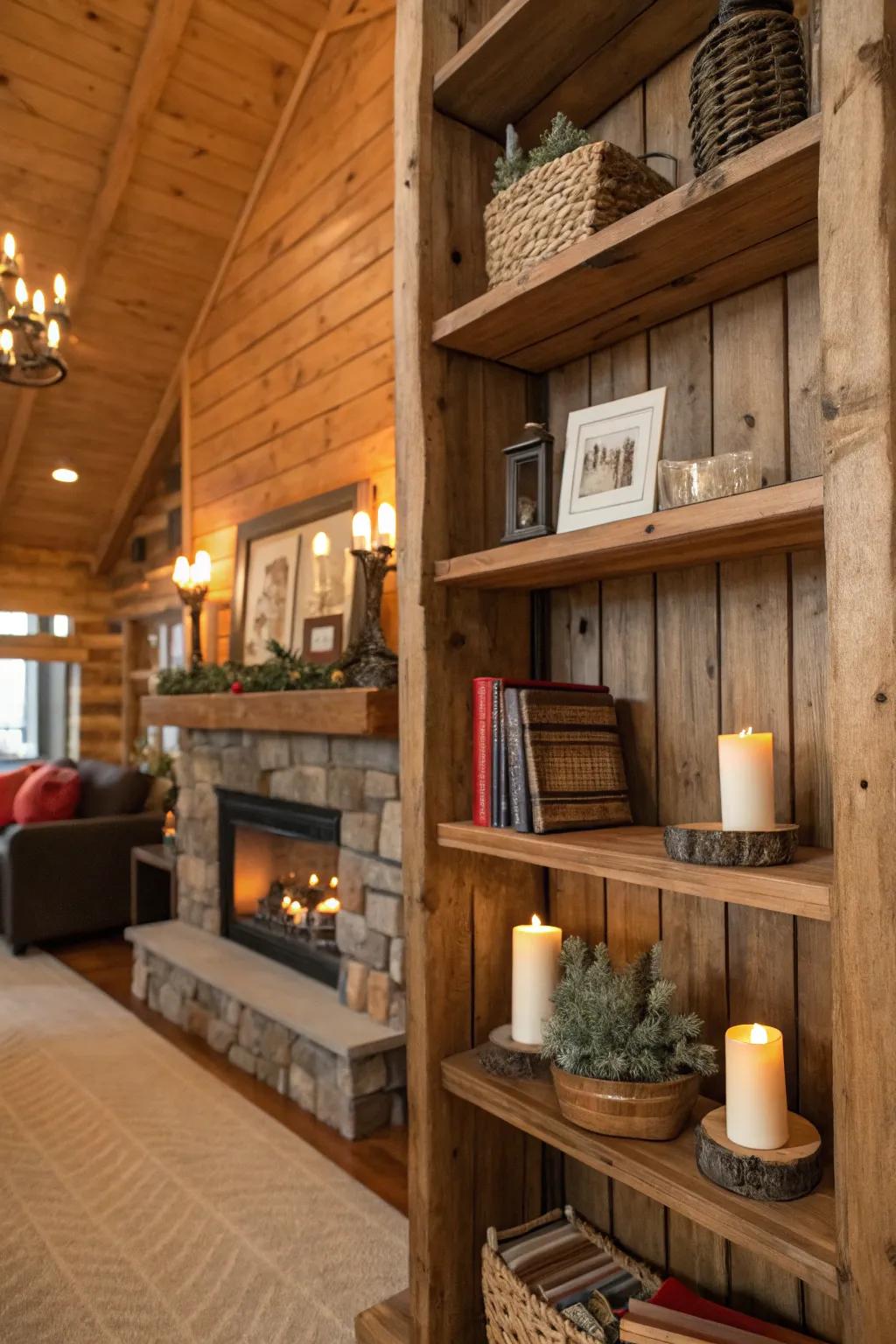 Lodge interior with reclaimed wood shelves showcasing decor and books.