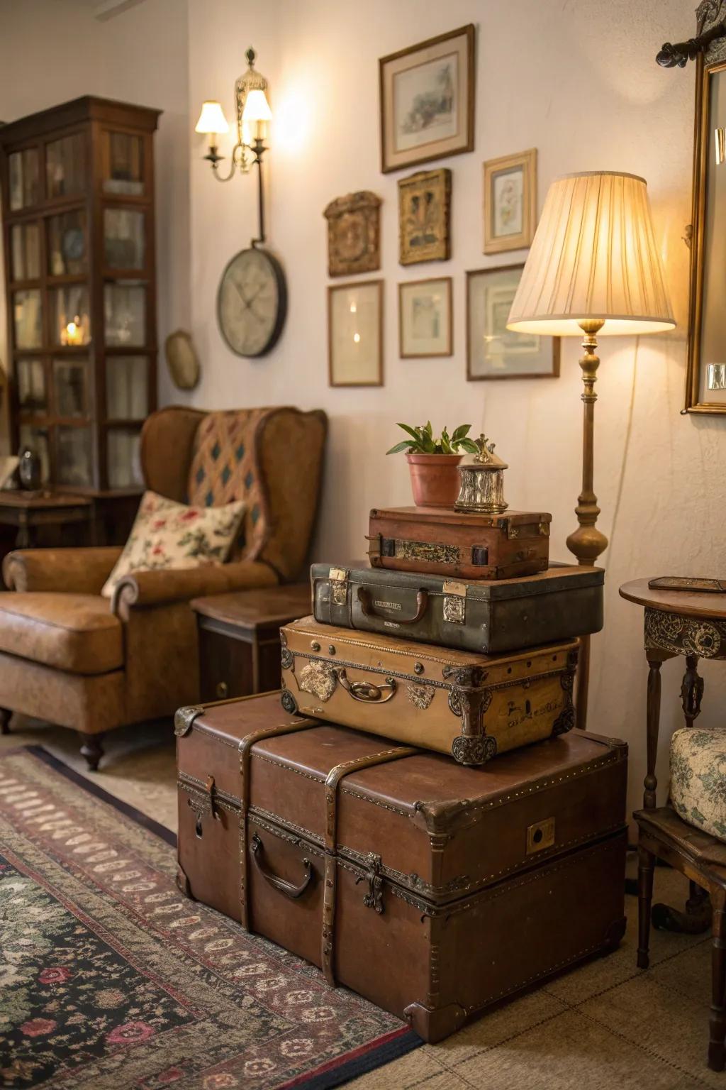 Classic travel suitcases provide eccentric storage options.