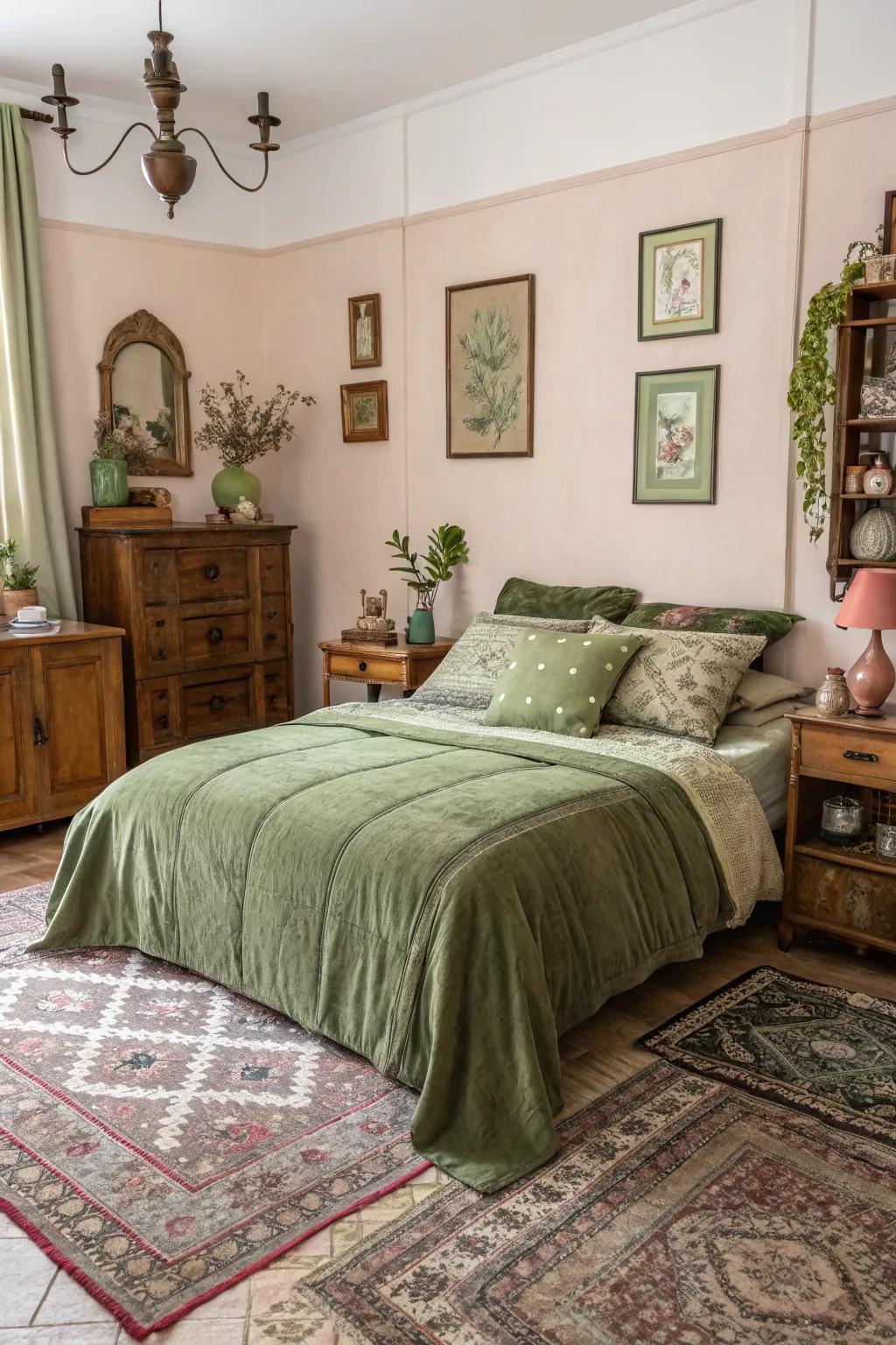 Vintage accents impart charm to any room featuring <strong><em>olive green bedding</em></strong>.” loading=”lazy” class=”pimg”>
	</picture><figcaption>Vintage accents impart charm to any room featuring <strong><em>olive green bedding</em></strong>.</figcaption></figure>
<p>Partner olive green bedding with vintage pieces to achieve a nostalgic and charming atmosphere. I’ve often observed that uniting the old with the new crafts a space that feels both inviting and fashionable.</p>
<h3>A few relevant products:</h3>
<ul class=