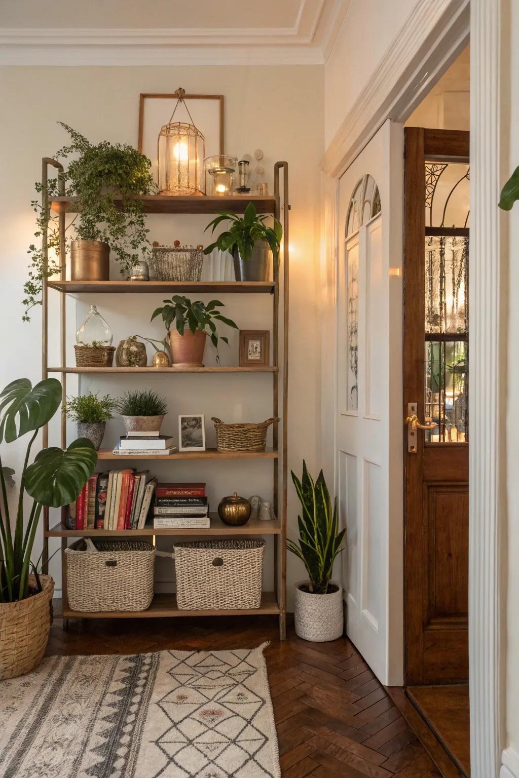 Shelving inside an entryway amalgamates function with presentation, ideal for personal treasures.