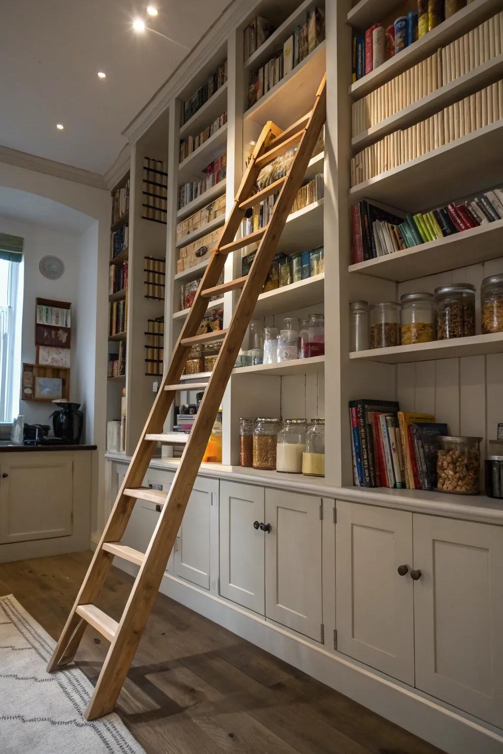 A library ladder is a stylish way to reach higher shelves.