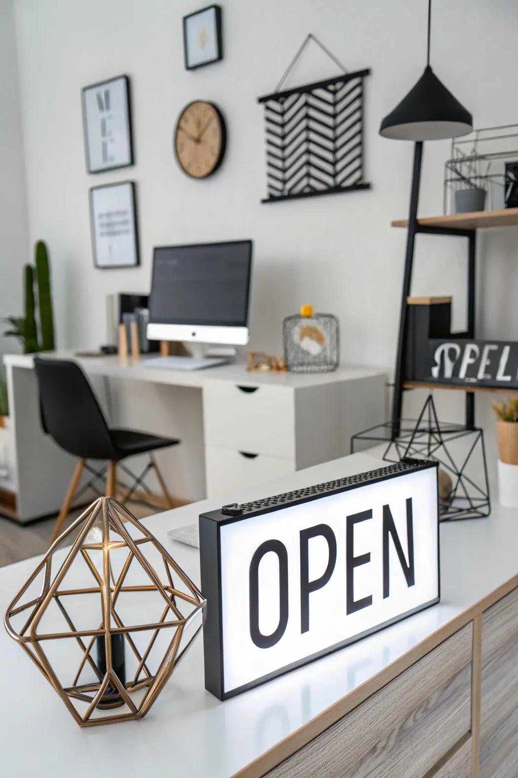 Present avant-garde flair with a geometric welcome display.