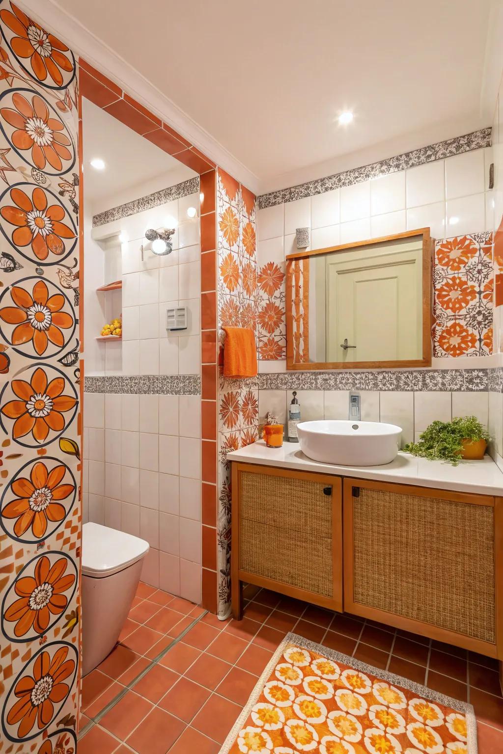 A bathroom featuring orange patterned tiles to enhance character and fun.