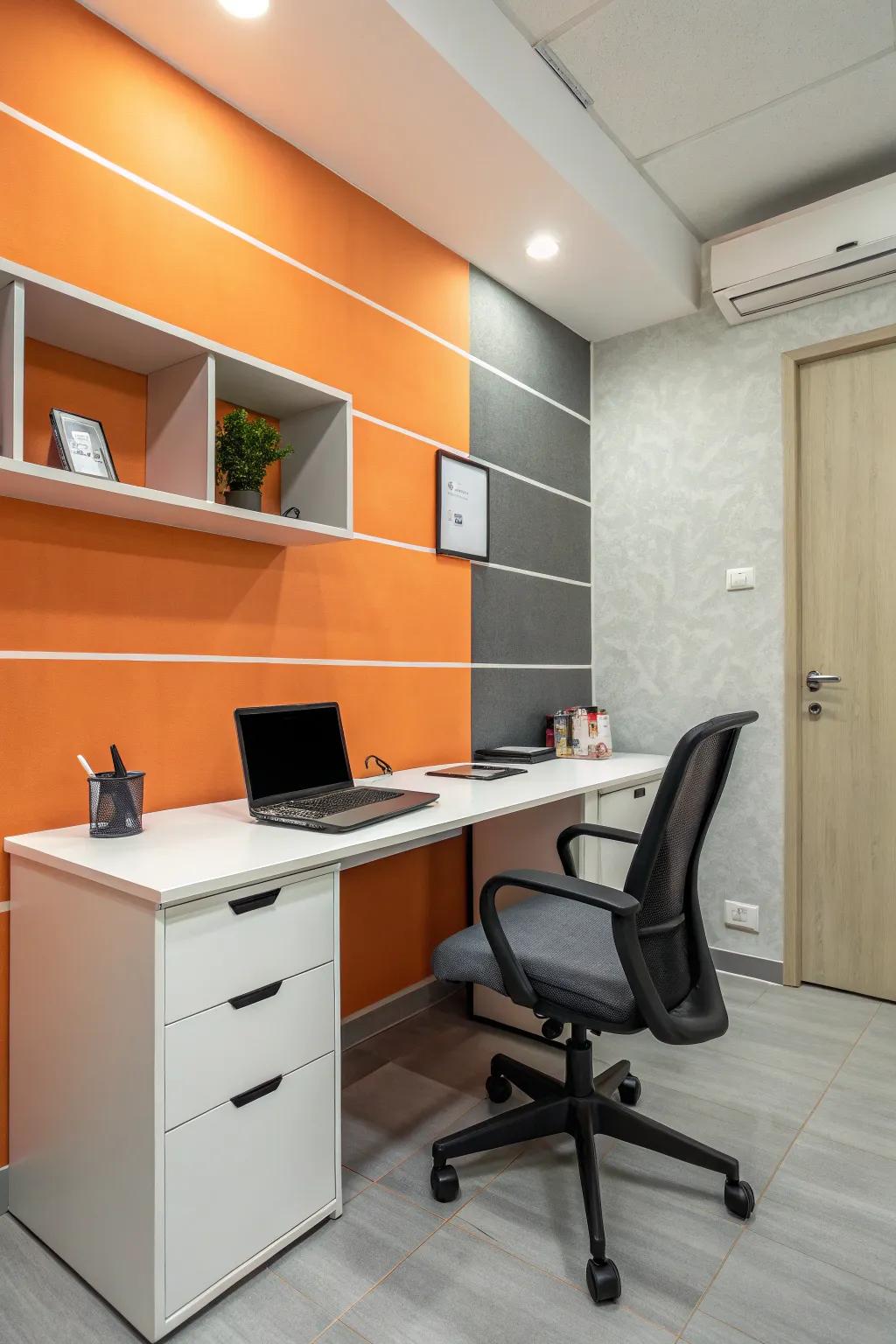 An office space balanced with the refined alliance of tangerine and slate.