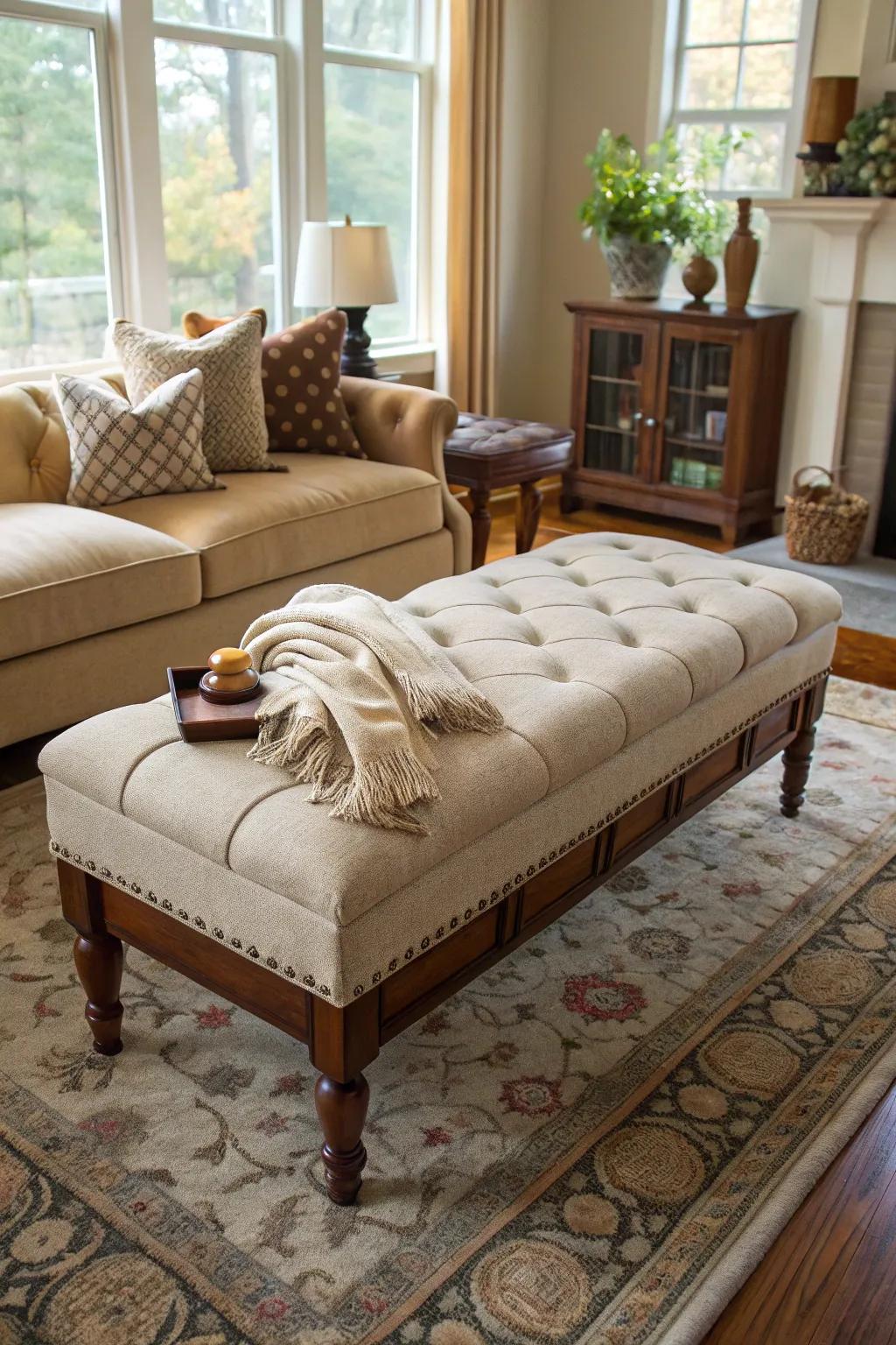 A long ottoman doubling as a convenient bench.
