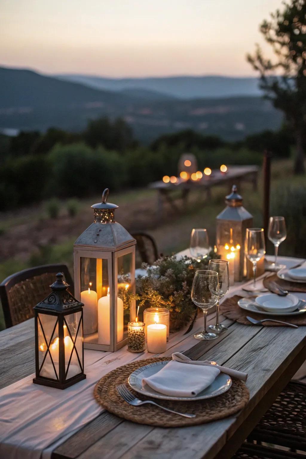 A romantic alfresco feasting setting aglow with luminescence.