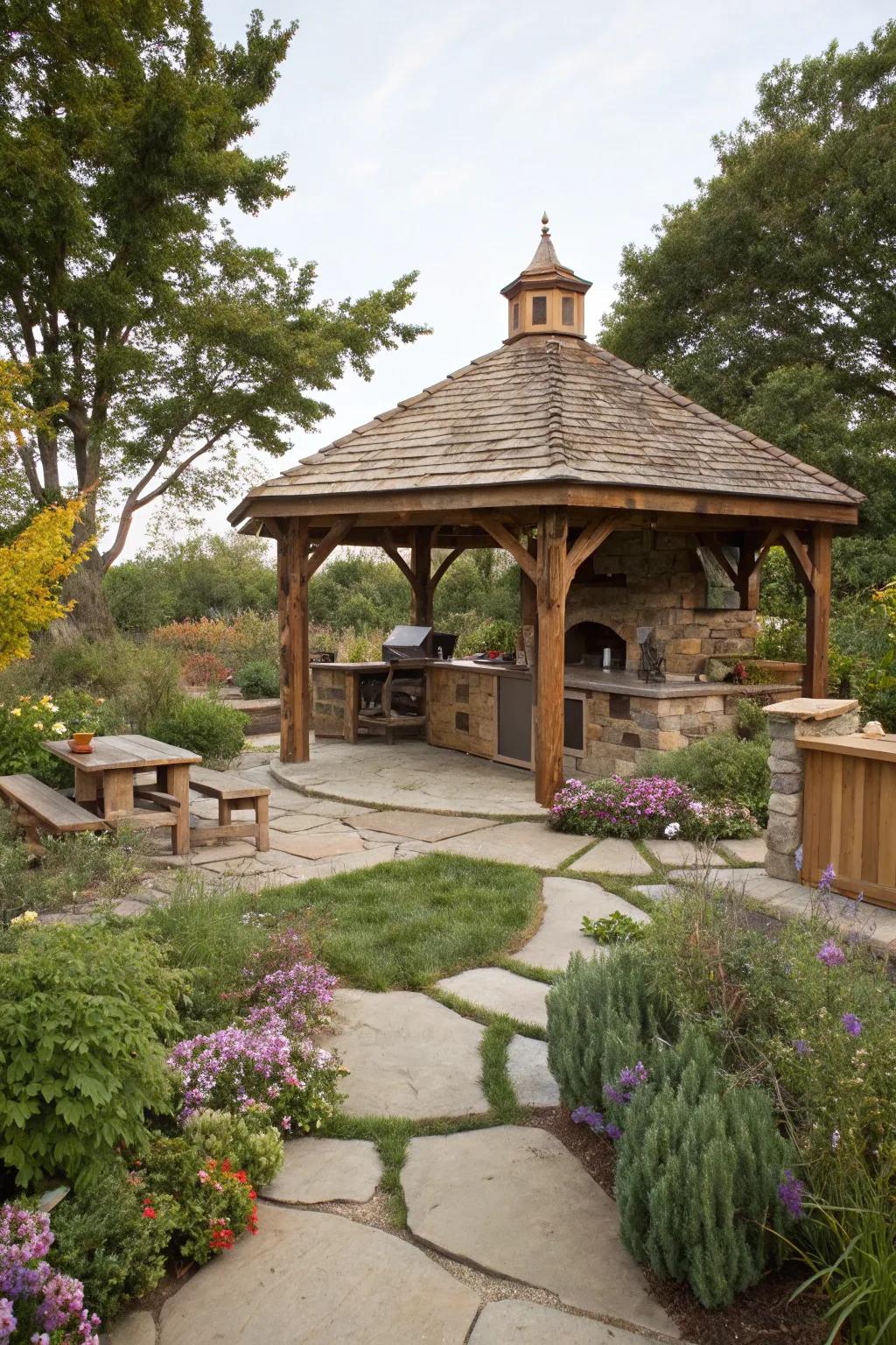 Merge with nature in a hideaway outdoor cooking gazebo.