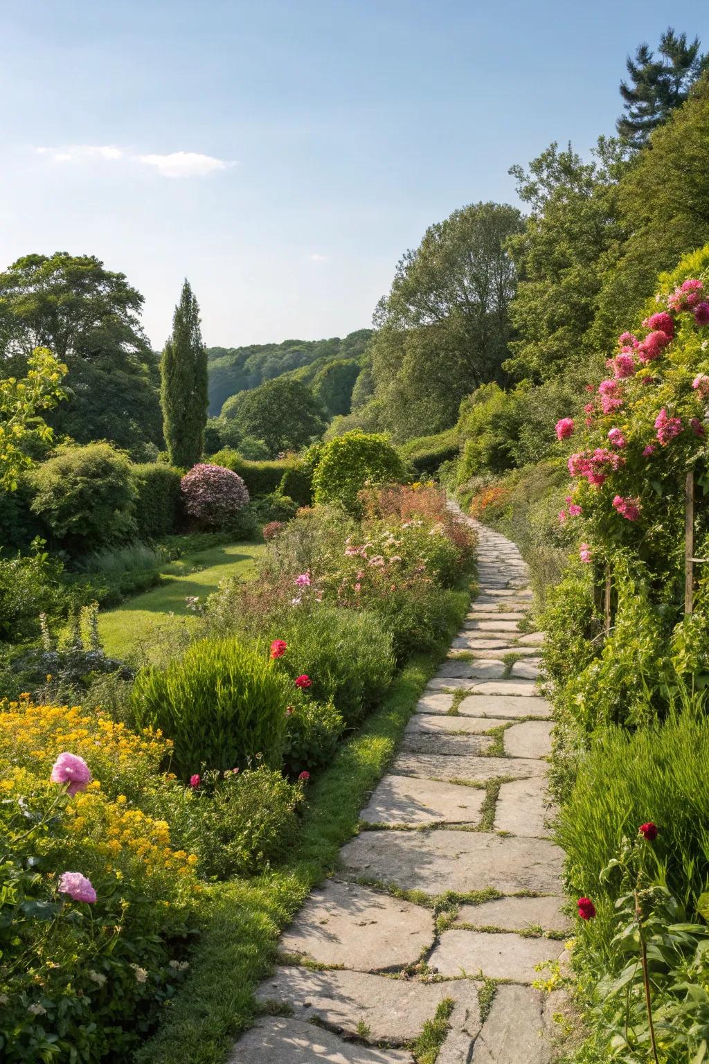 Garden footpaths conduct visitors and impart a whimsical nuance.