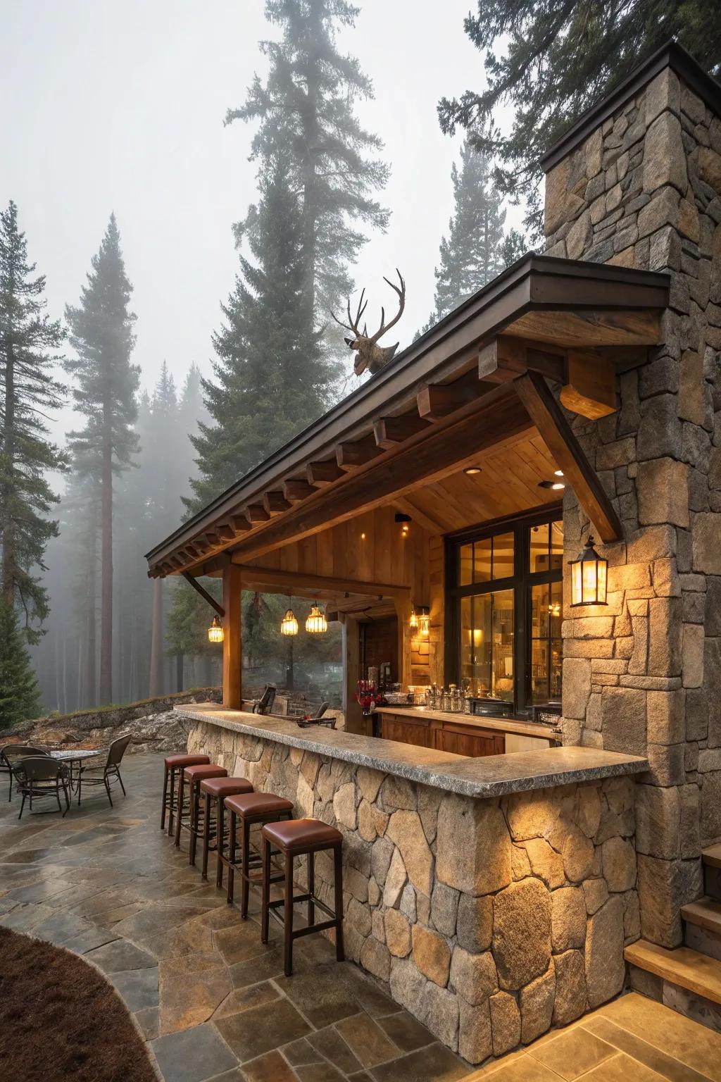 A warm, cabin-style stone bar that exudes rustic charm.
