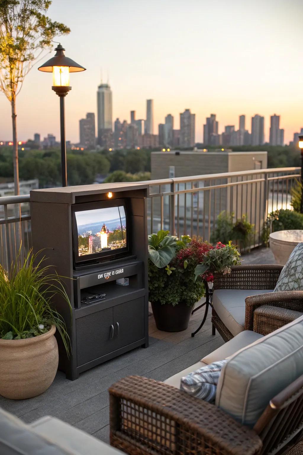 Maximize small spaces using a compact terrace TV arrangement.