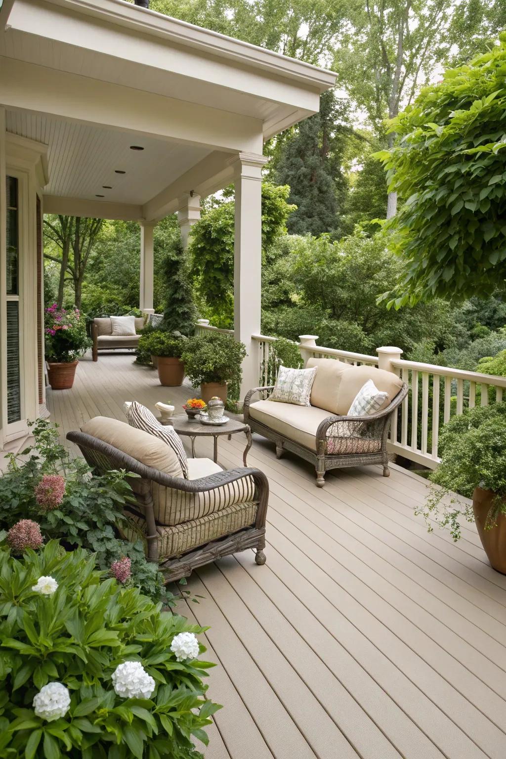 A sophisticated beige deck, furnishing a neutral context for outdoor décor.