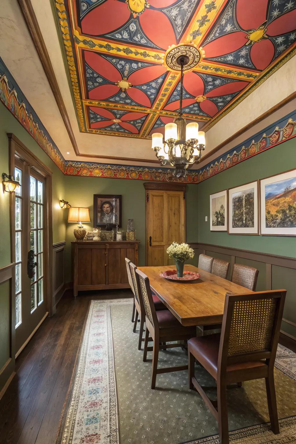 The ceiling functions as a unifying component in the room's design.