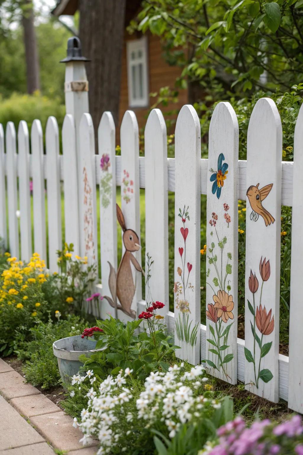 A picket fence showcasing captivating forest creature artwork.