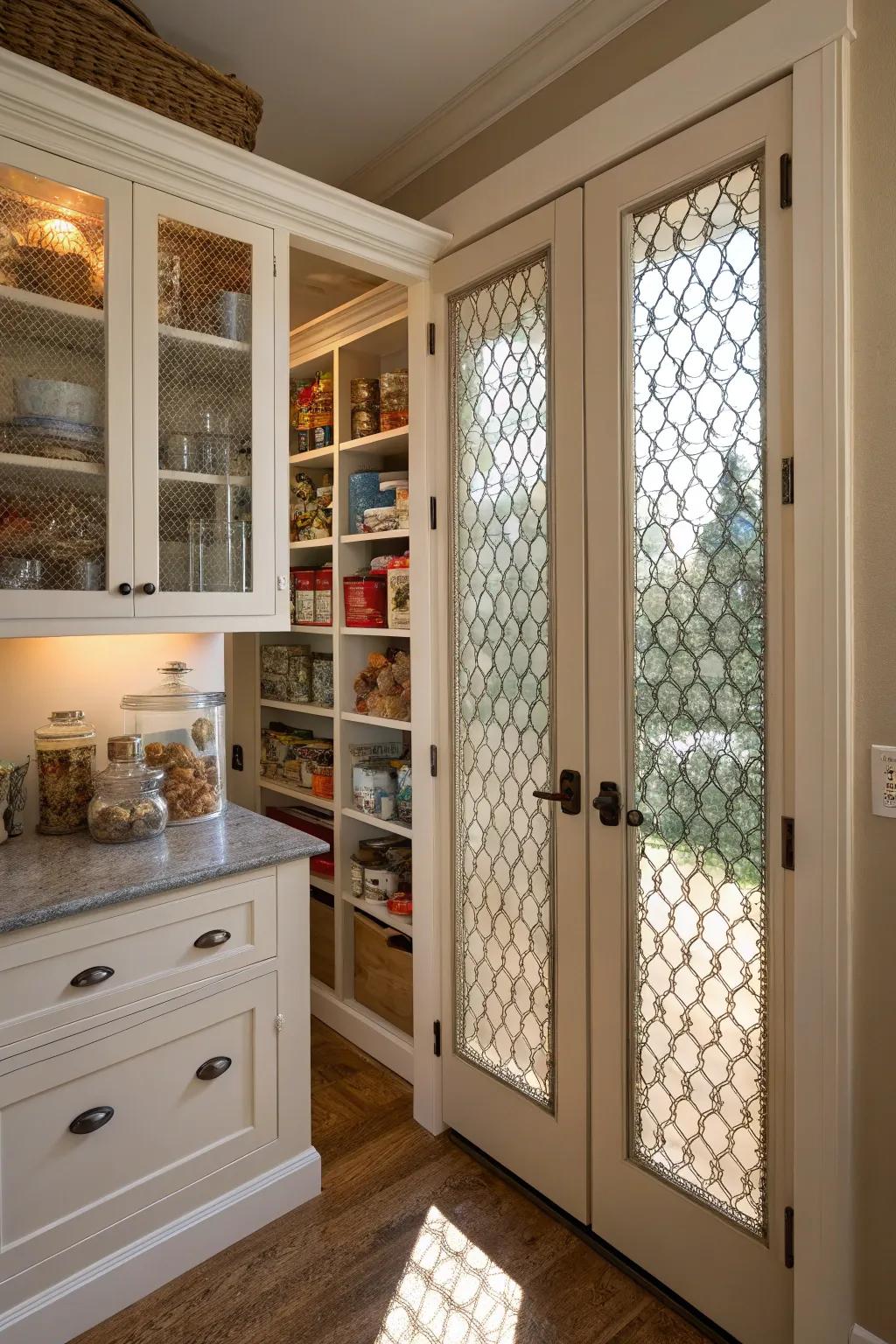 Patterned glass entrances afford texture and a nuance of flair.
