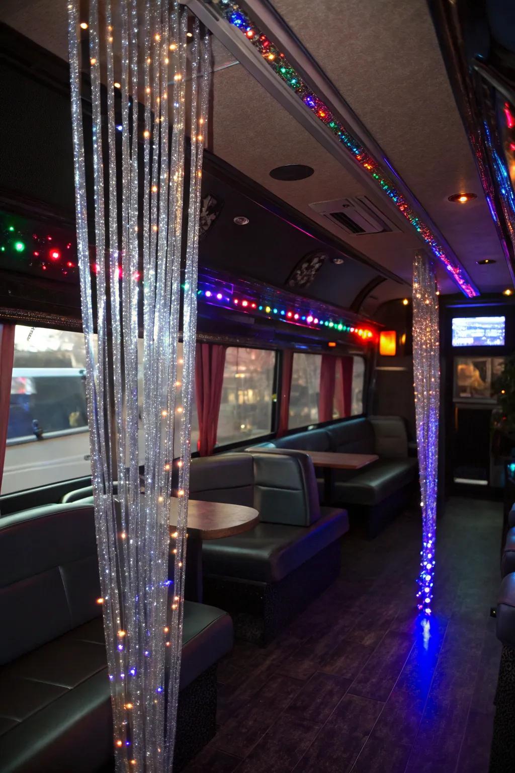 Filament curtains infuse glamour and sparkle into the party bus.