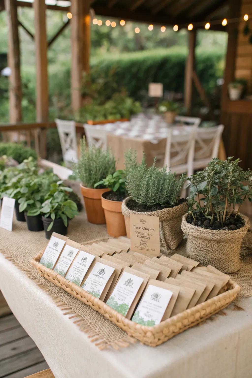 Eco-conscious wedding favors displayed beautifully.