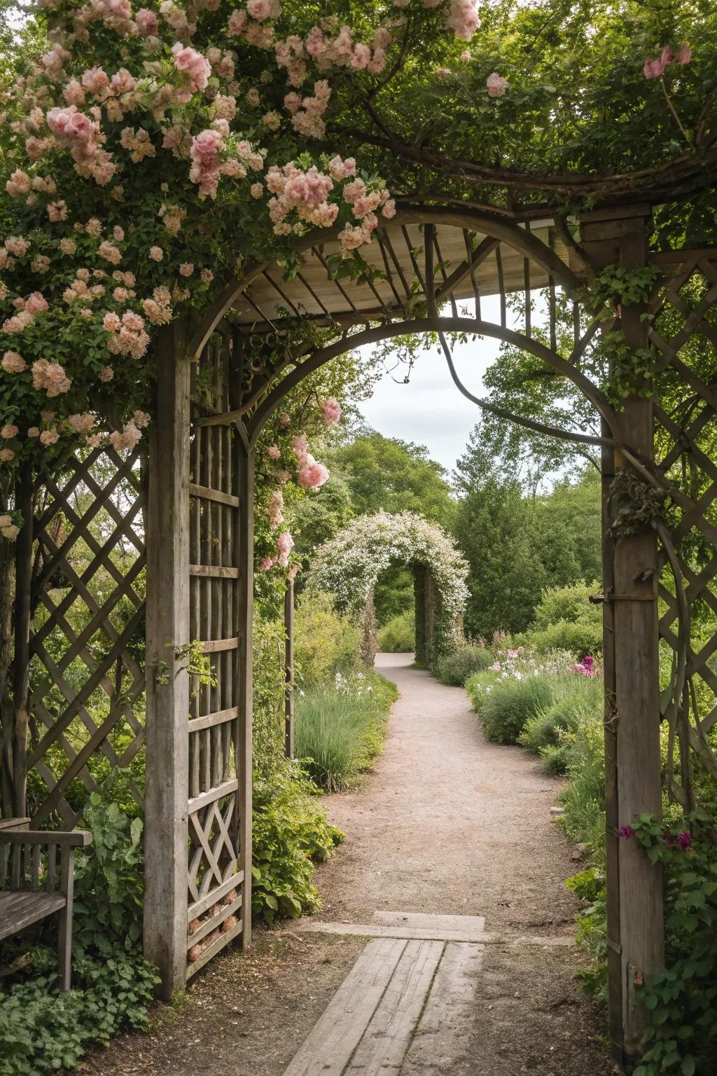 An enchanting lattice gate invites exploration into your garden.
