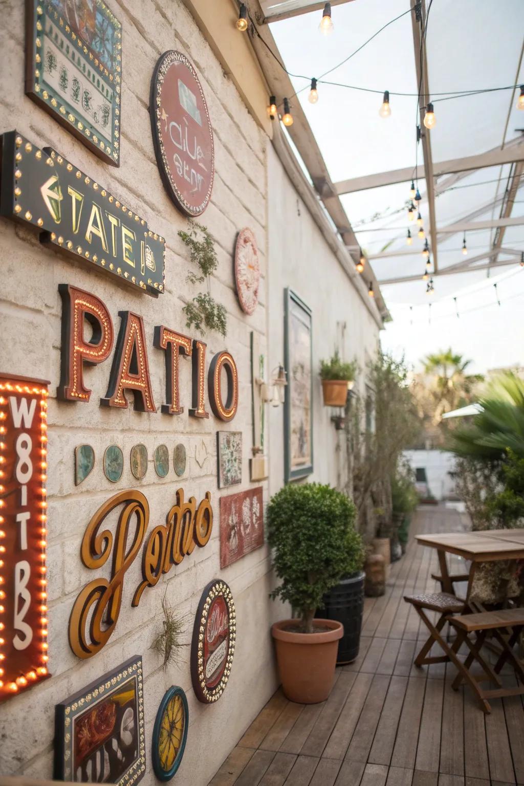 Retro placards add persona and sentimentality to the patio wall.