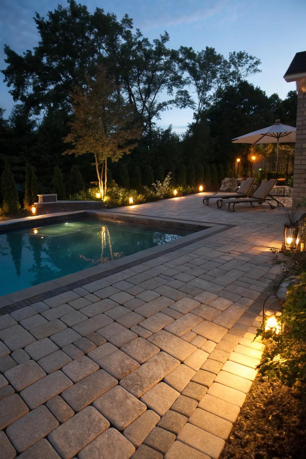 Lighting accentuates the beauty of pavers, creating a magical nighttime ambiance.