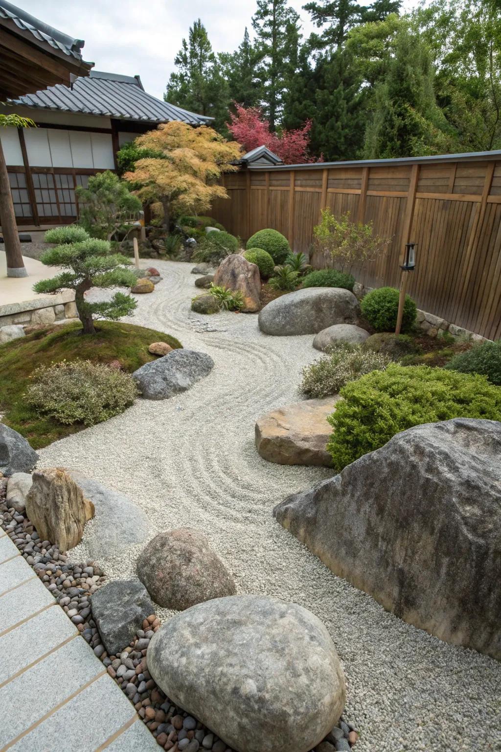 Design a low-upkeep rock garden using pea gravel.