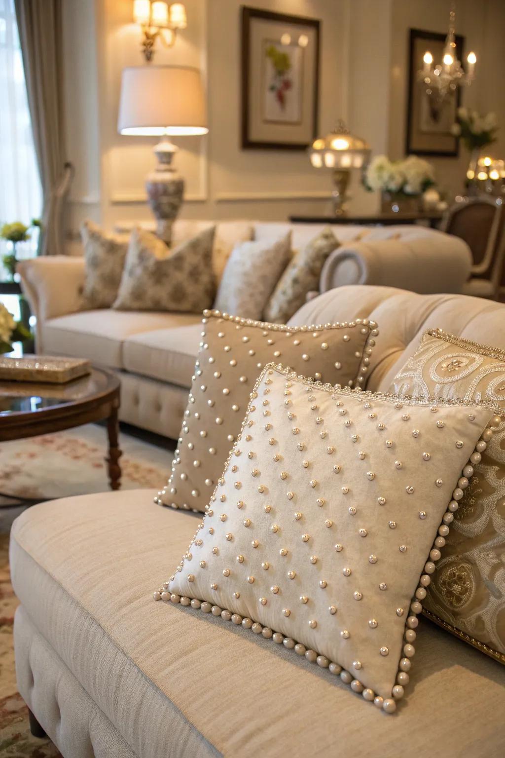 Make your seating space memorable with pearl-studded throws.