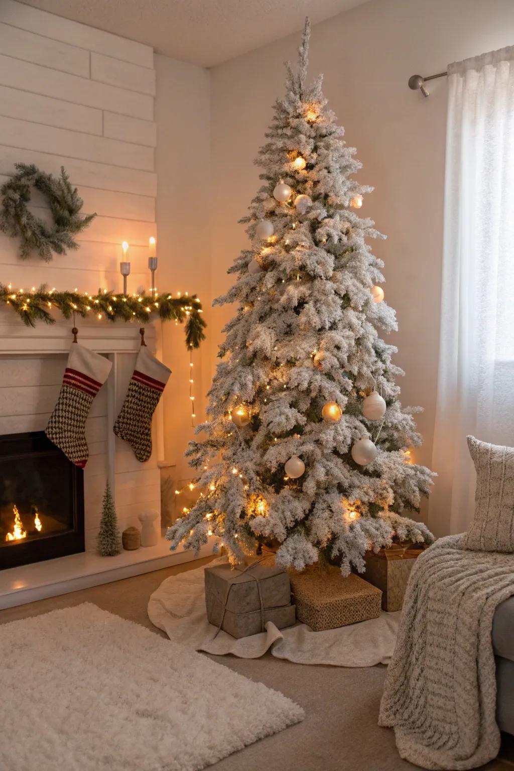 Coated slim Christmas tree with a snowy, magical look.