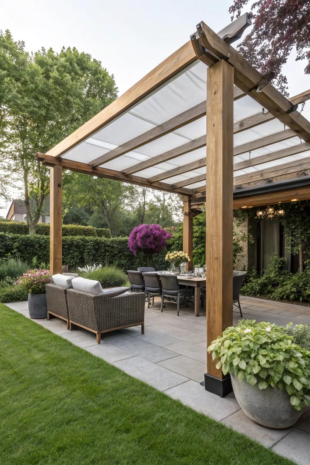 Retractile roofs extend adaptable privacy and weather defense.