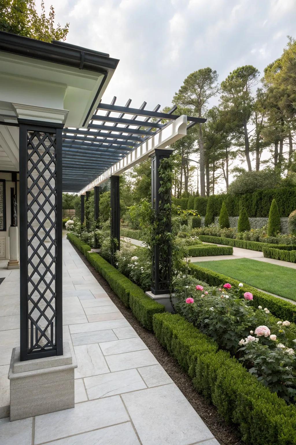 Modern and classic elements merge seamlessly in pergola design.