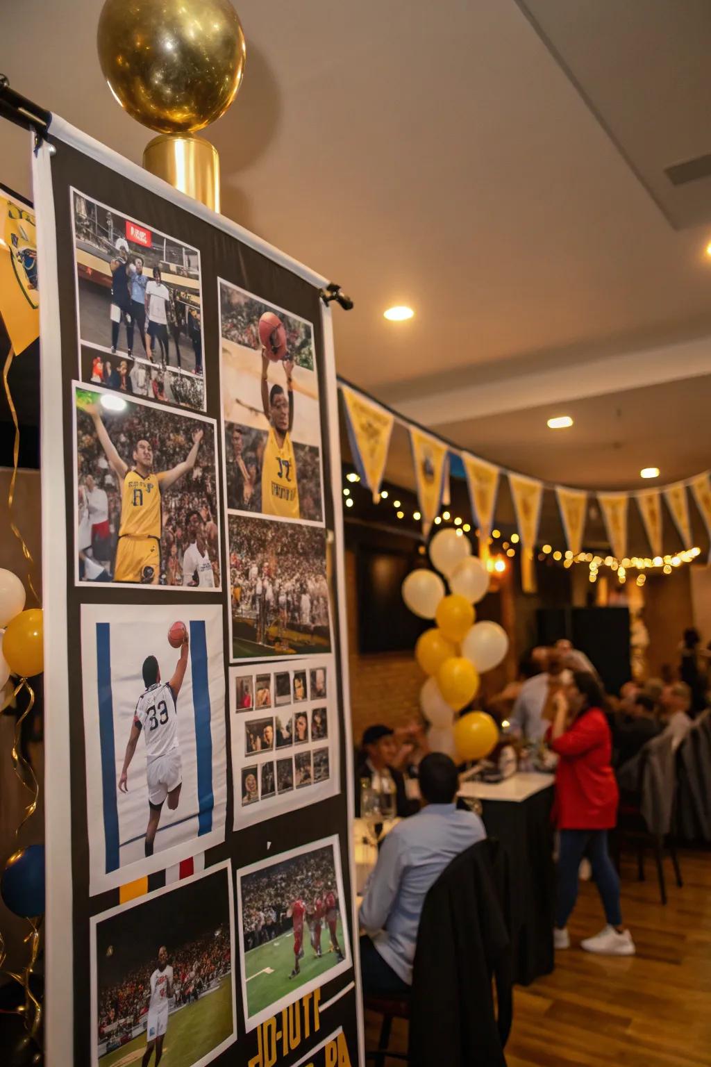 A sports devotee banner featuring photographs and memorabilia.