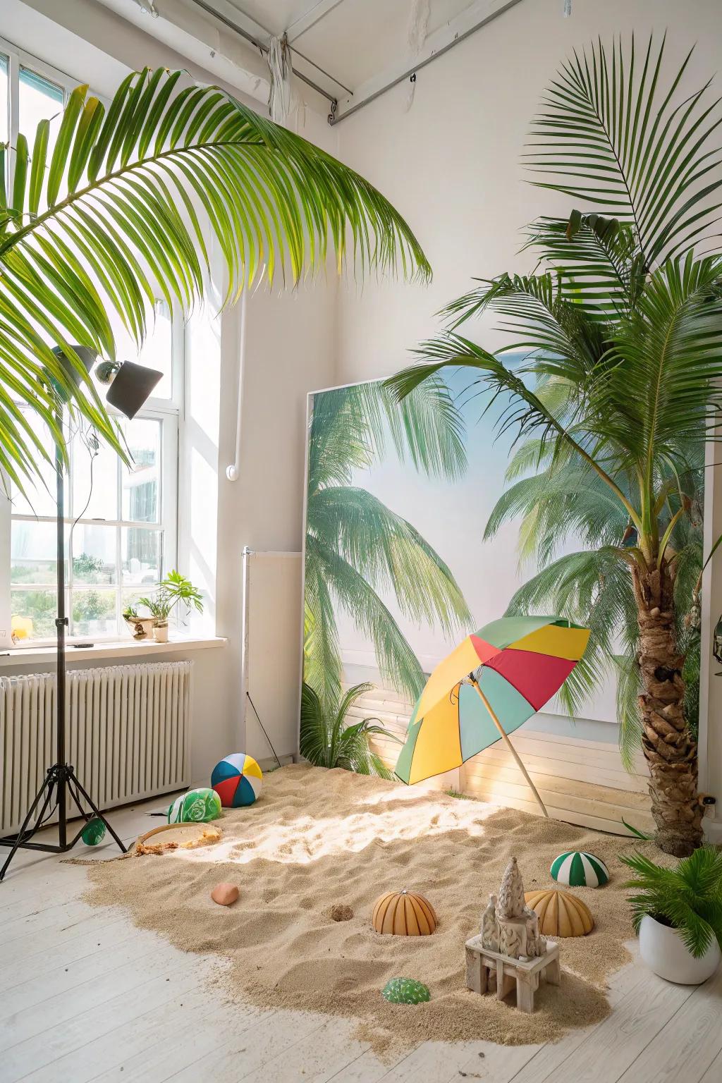 A coastline-themed backdrop imparts a radiant, tropical spirit to photographs.