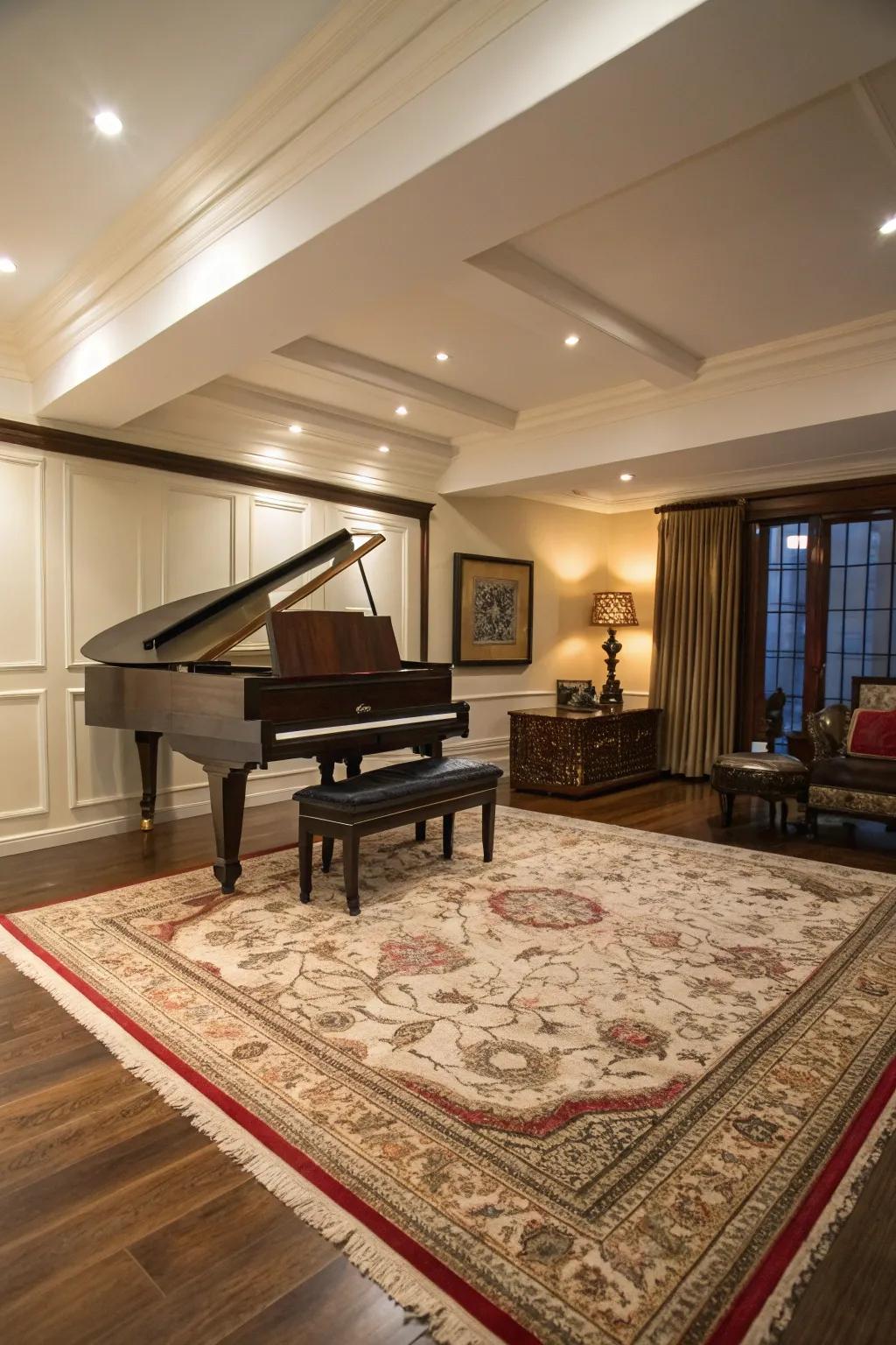 A statement rug adds warmth and unifies the room's design.