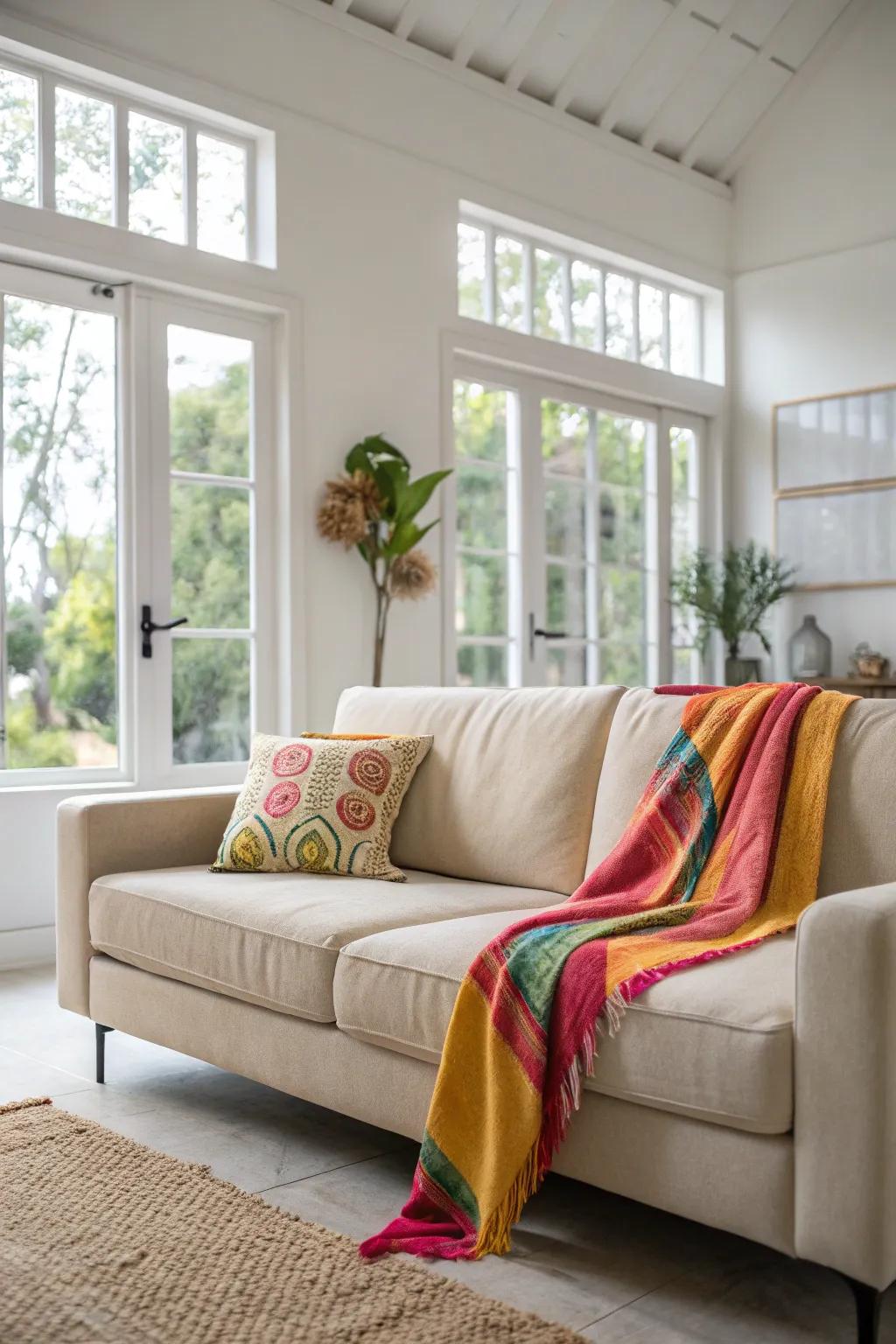 A bright throw on a neutral couch, providing an unexpected pop of color.