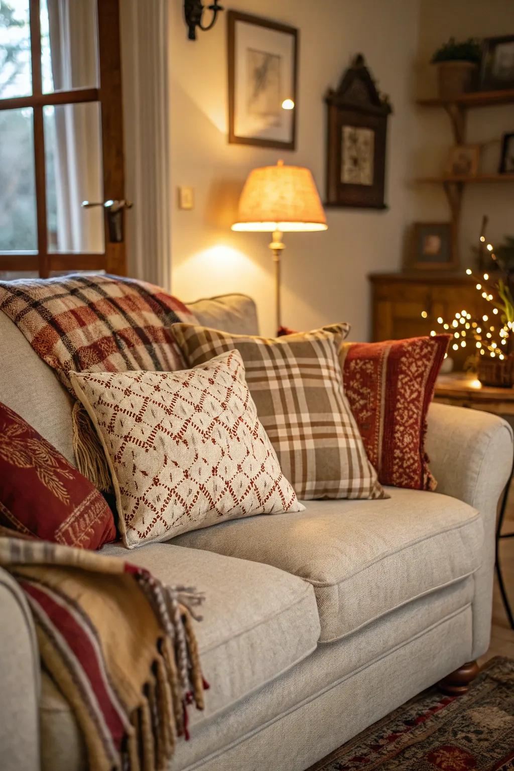 Vintage pillows adding charm and historical flair.