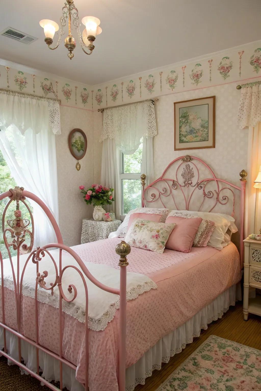 A vintage and romantic space featuring a pink wrought iron headboard.