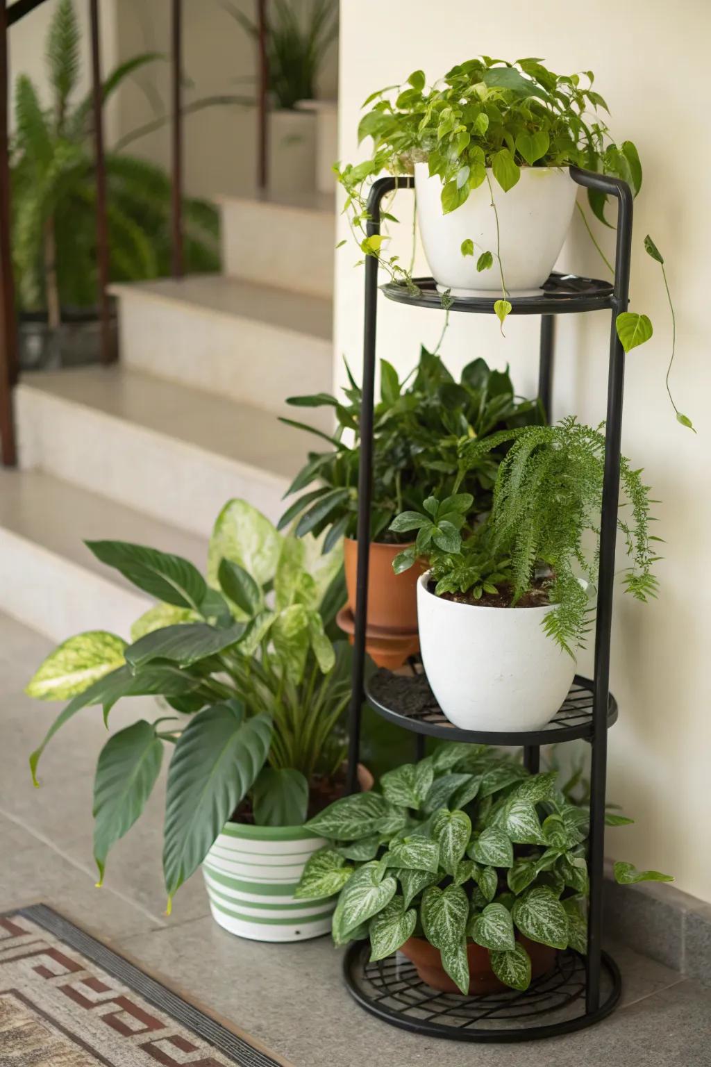A tiered stand exquisitely arranges flora.