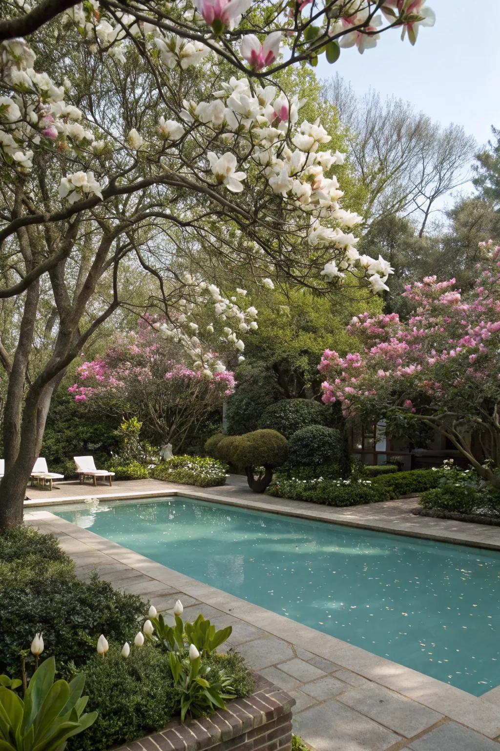 Magnolia trees offer elegance and shade through their renowned blossoms.