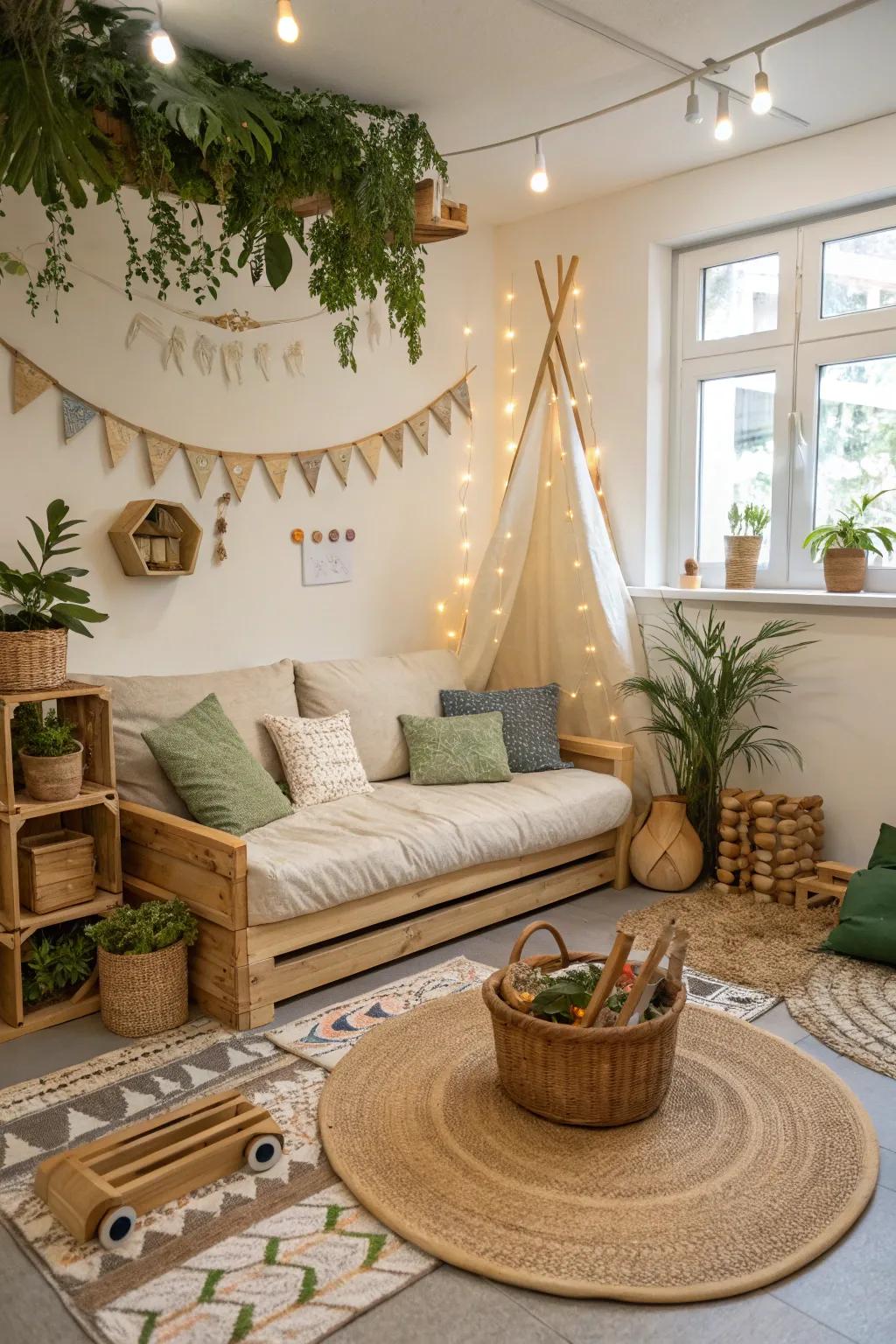 An eco-conscious playroom showcases sustainable component seating.