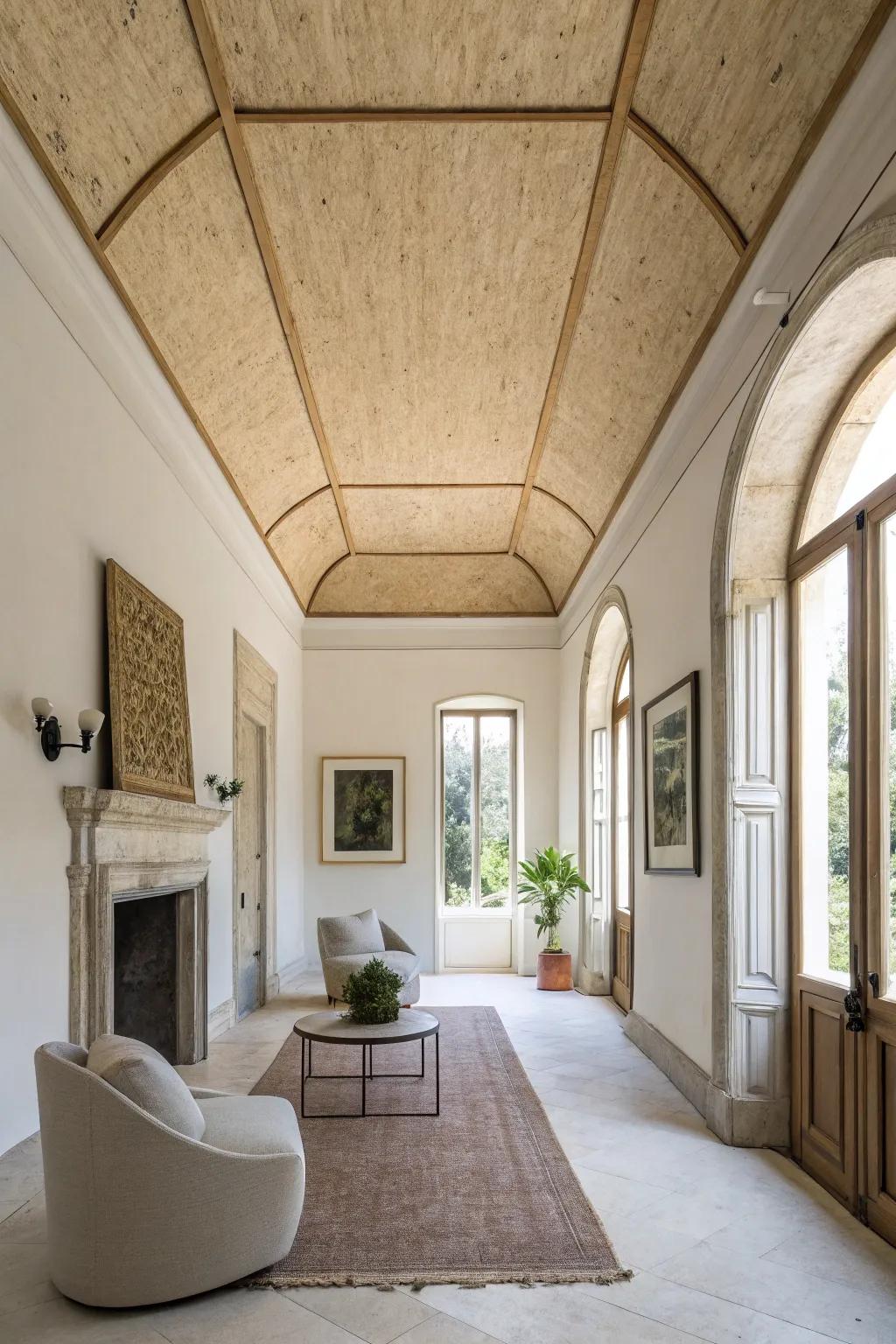 A minimalist plywood roof that quietly enhances the room's elegance.