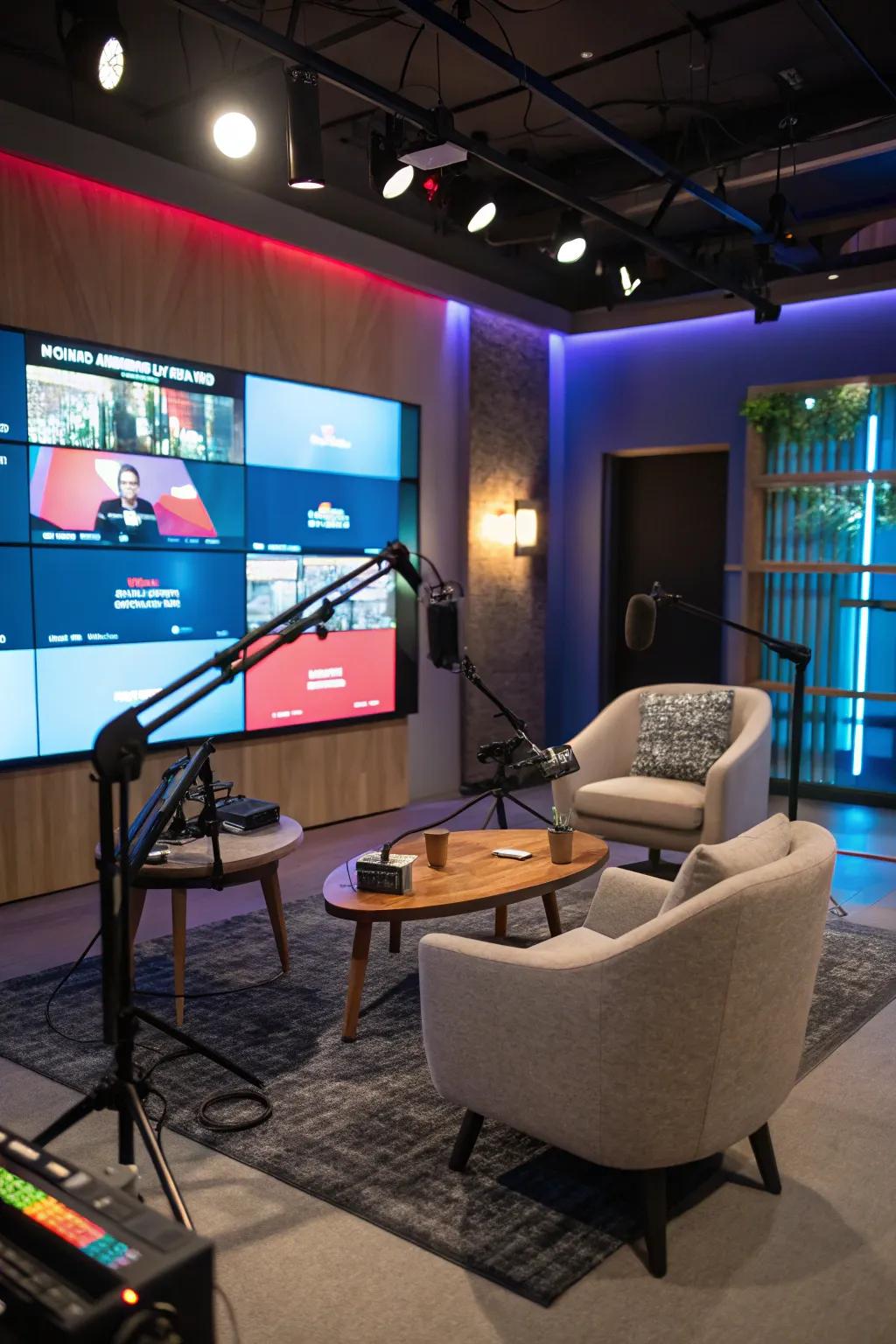 A podcast studio featuring an engaging digital background.