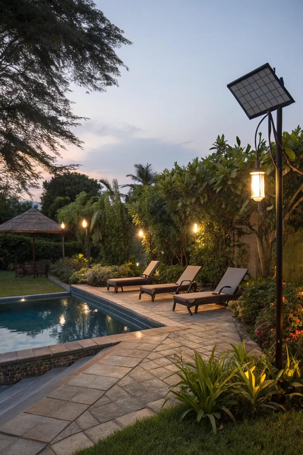 Solar lights offer sustainable illumination for your pool area.