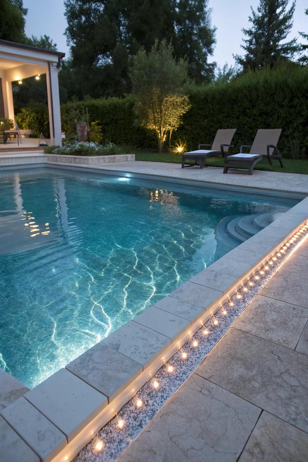 LED illumination within coping enriches the nighttime pool scene.