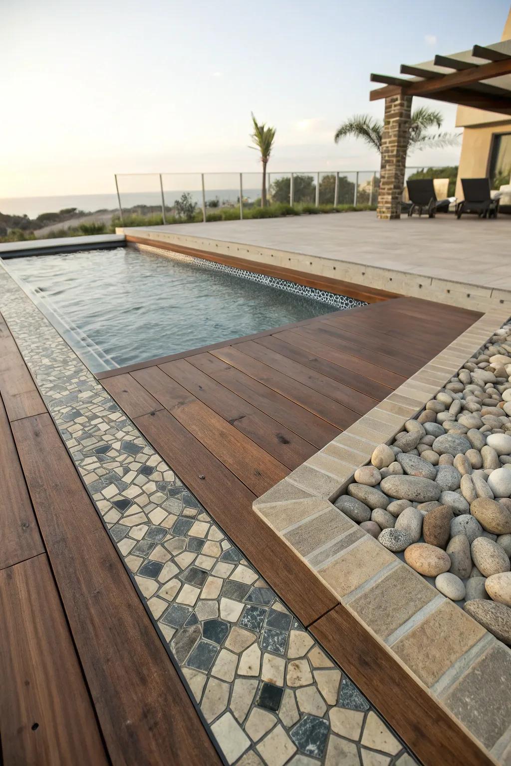 Mixing materials adds texture and interest to pool decks.