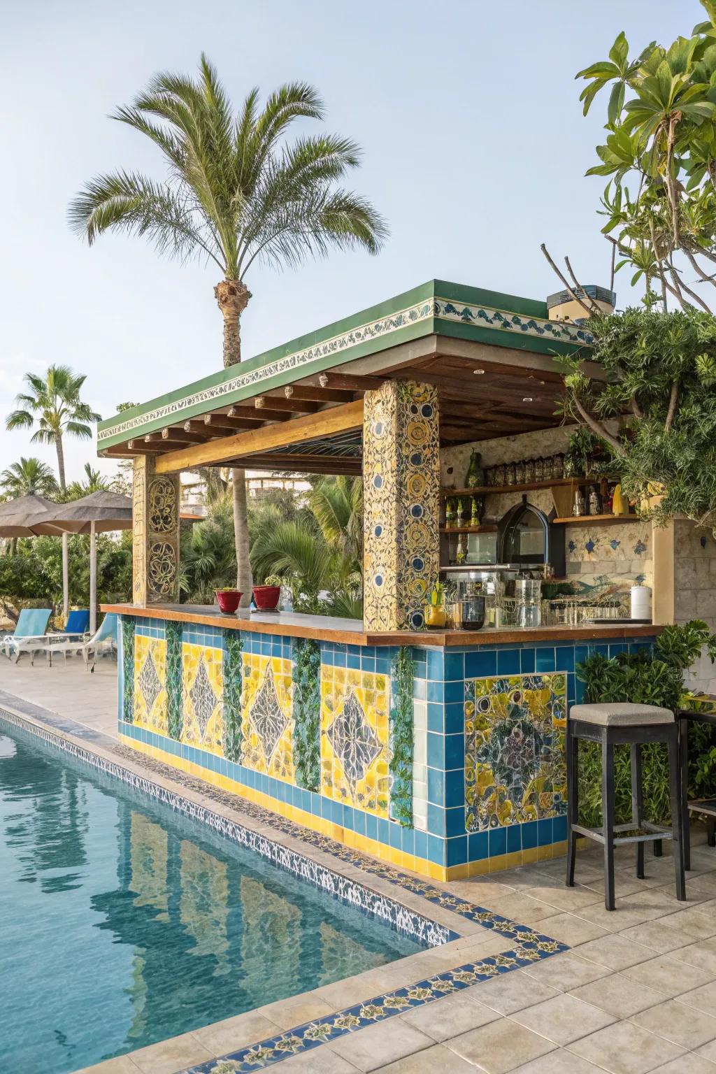 Vibrant tiles contribute Mediterranean charm to your poolside wet bar.