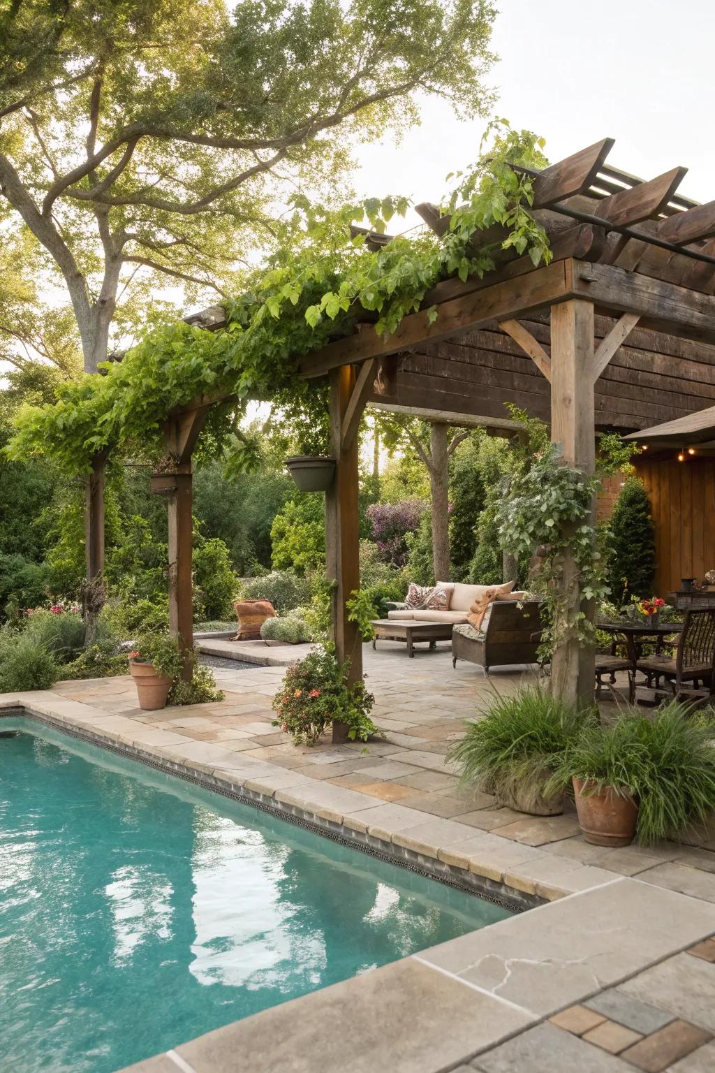 A swimming pool equipped with a farmhouse-style arbour presenting shaded comfort.