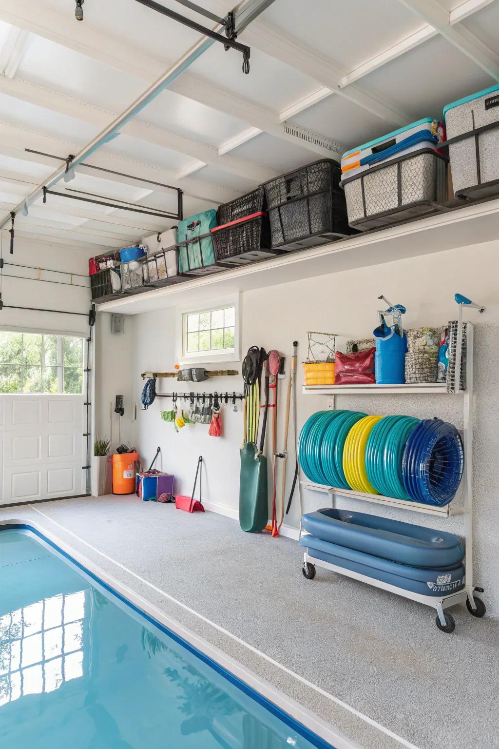 Overhead storage in the garage optimizes area proficiently.