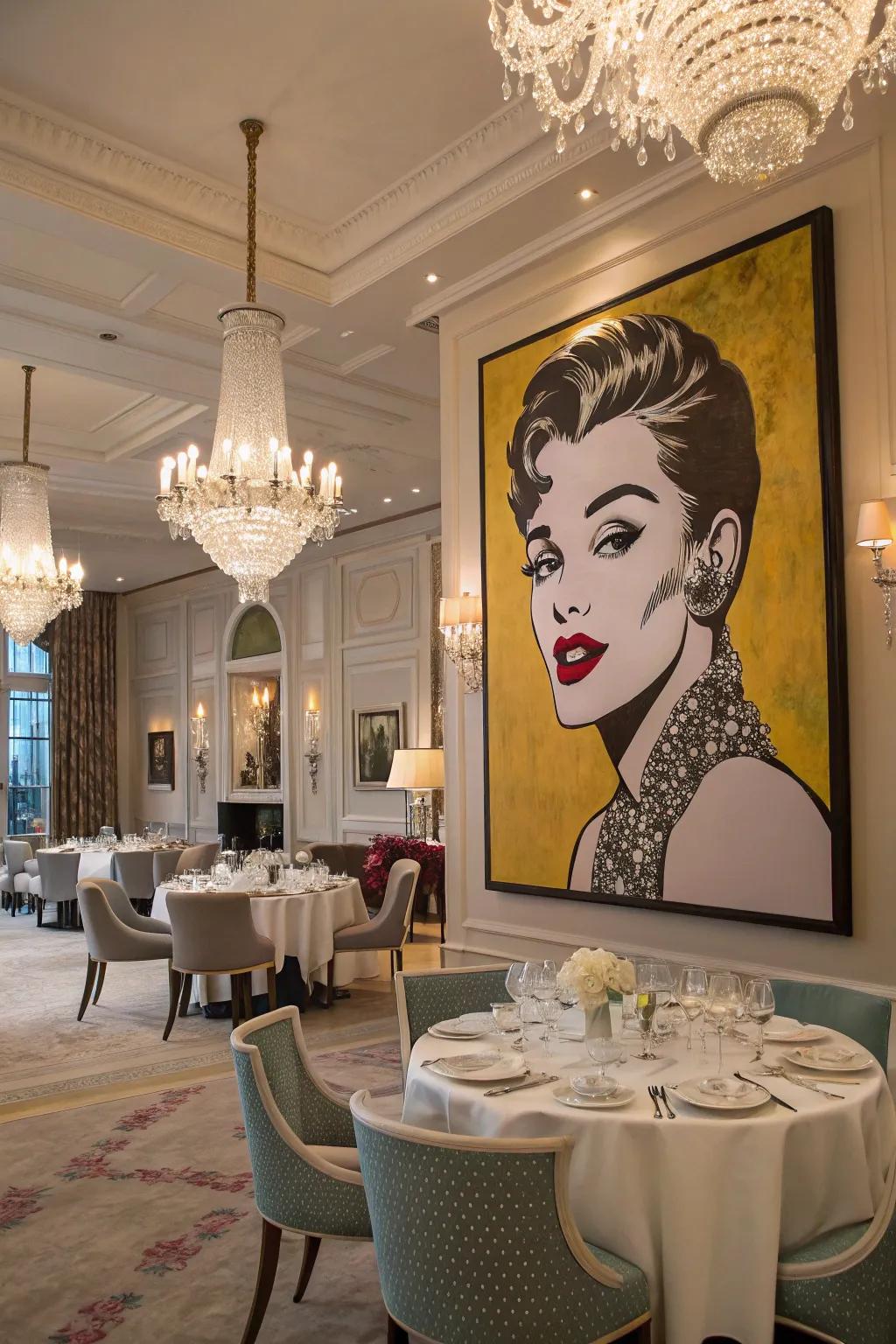 A glamorous art painting of a fashion figure graces the dining room.